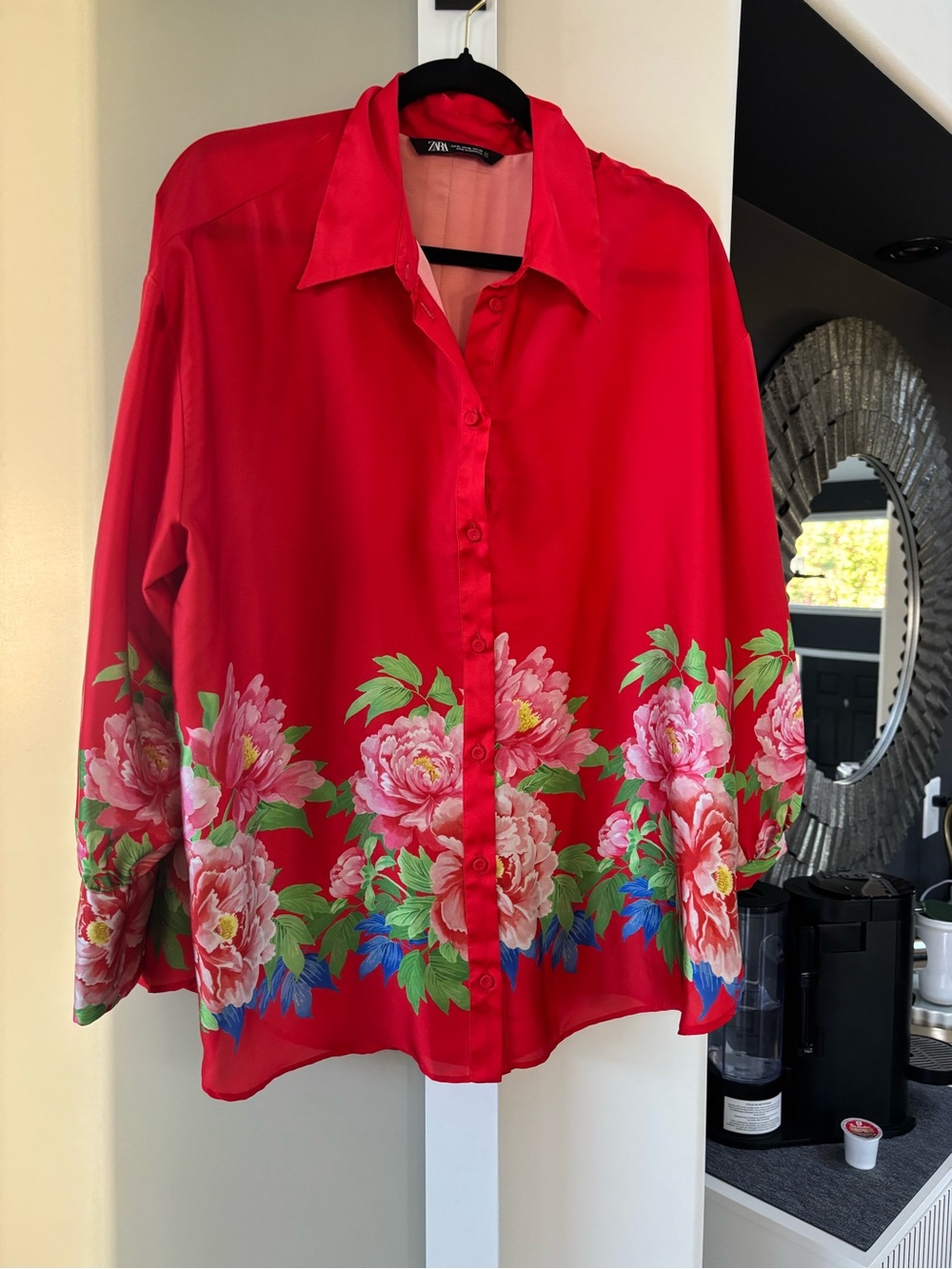 Zara Bright Red Floral Button-Down Shirt